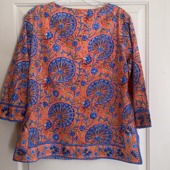 Gretchen Scott V Neck Cotton 3/4 Sleeve Tunic Top Orange Blue Floral Size SMALL - Picture 6 of 8